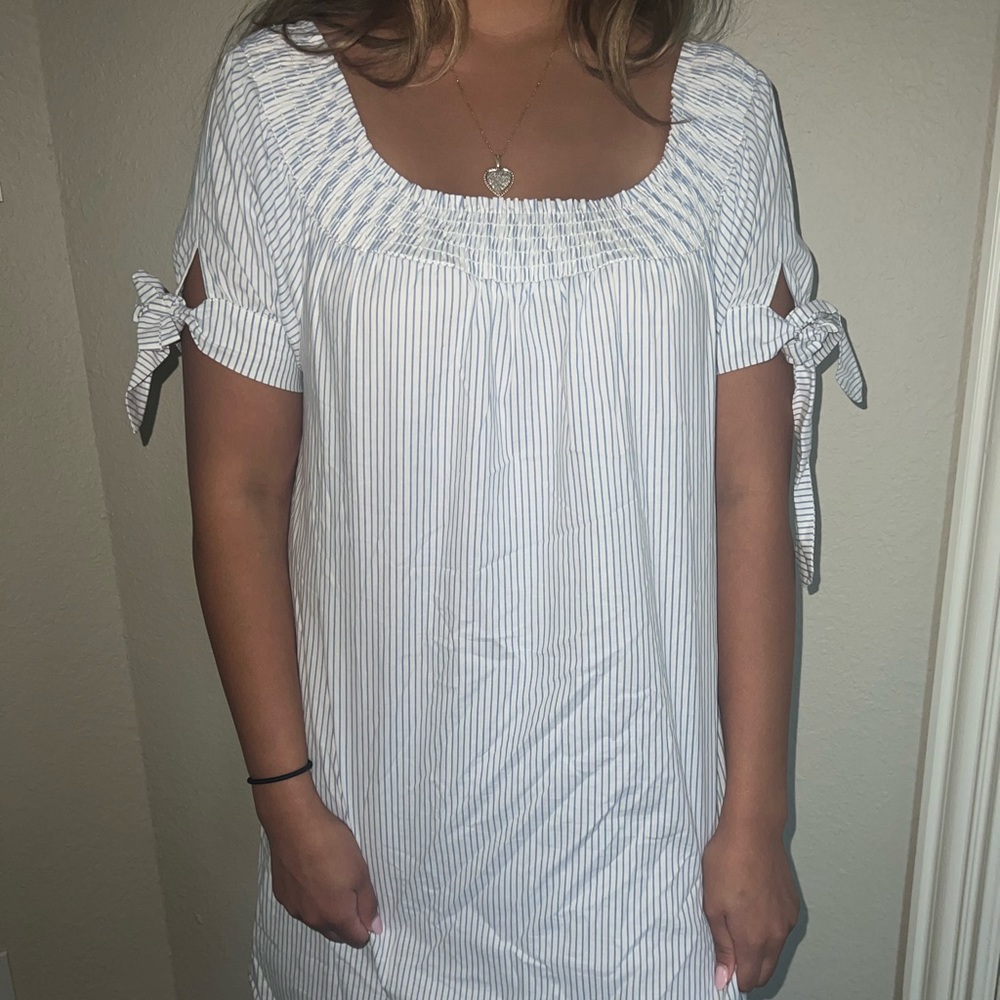 White and a blue striped dress!